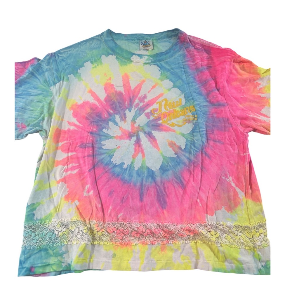 SUN TRIANGLE Tie Dye Lace Trim T Shirt New Orleans Graphic‎ Short Sleeve L XL
